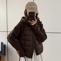 Lightweight Knitted Sleeve Patchwork down Cotton Jacket Women's Short Fake Two-Piece Hooded Cotton Coat Outerwear Warmth