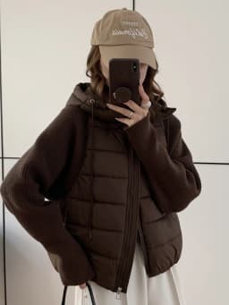 Lightweight Knitted Sleeve Patchwork down Cotton Jacket Women's Short Fake Two-Piece Hooded Cotton Coat Outerwear Warmth
