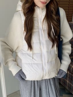 Lightweight Knitted Sleeve Patchwork down Cotton Jacket Women's Short Fake Two-Piece Hooded Cotton Coat Outerwear Warmth