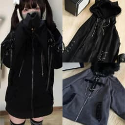 Women Y2K Aesthetic Cat Ears Hooded Sweatshirt Japanese Fashion Grunge Bandage Zipper Hoodie Kawaii Casual Streetwear Coat New