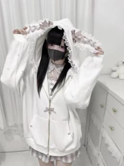 Women Y2K Aesthetic Cat Ears Hooded Sweatshirt Japanese Fashion Grunge Bandage Zipper Hoodie Kawaii Casual Streetwear Coat New