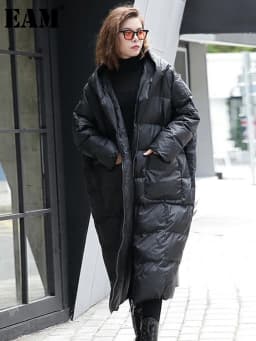 [EAM] New Winter Loose Parkas Hooded Long Sleeve Black Long Cotton-padded Warm Loose Big Size Jacket Women Fashion 2026 JD12101