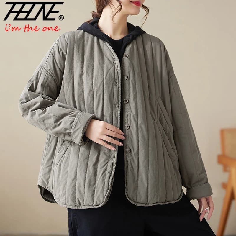 THHONE Autumn Winter New 2026 Jacket Women Coat Parkas Padded Vintage Korean Style Loose Solid Warm Casual V-neck Top Outerwear
