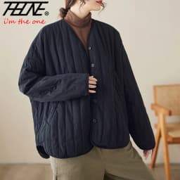 THHONE Autumn Winter New 2026 Jacket Women Coat Parkas Padded Vintage Korean Style Loose Solid Warm Casual V-neck Top Outerwear