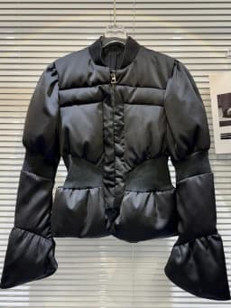 Elegant Dark Splice Women's Cotton Jacket Slimming Waist Design Warm Outerwear Long Sleeve Zipper Closure Stand Collar Coat