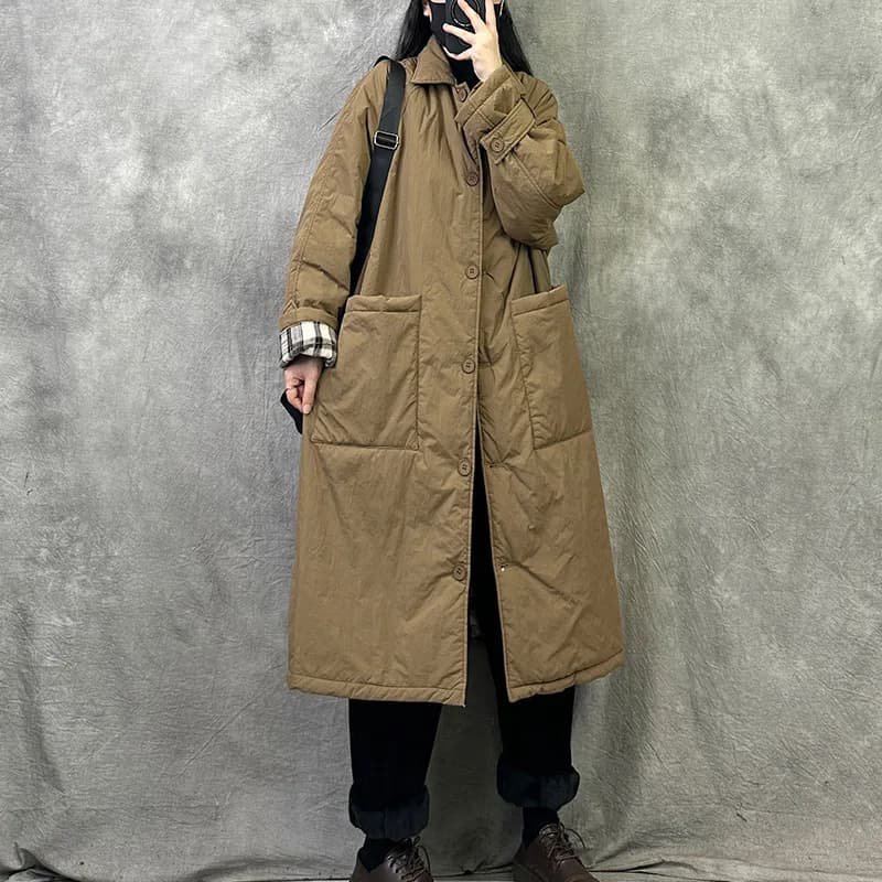 Women Jacket Mid Length Cotton Padded Winter Coats Casual Maxi Turn Down Collar Long Sleeves Big Pockets Thickened Parkas Coat