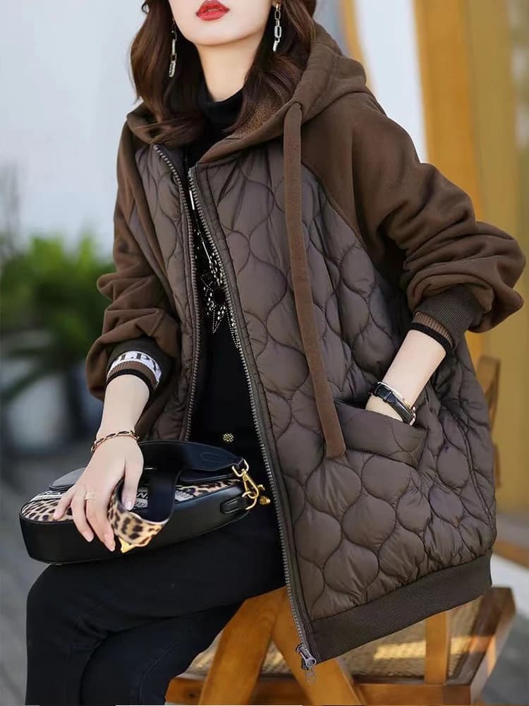 Casual Loose Women's Cotton Jaet Winter Thiened Hooded Mid-Length Zipper Closure Color Faionable Commute Sle