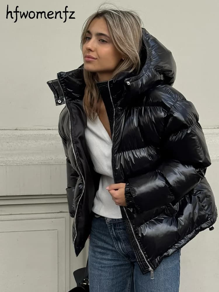Casual Women's Glossy Hooded Cotton Coats Puffy Stand Collar Zipper Long Sleeve Warm Jackets 2026 Winter Lady Down Jacket New
