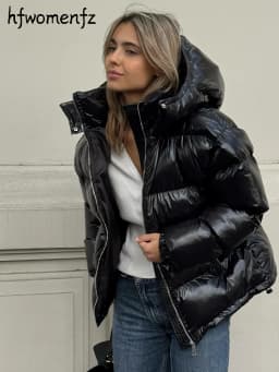 Casual Women's Glossy Hooded Cotton Coats Puffy Stand Collar Zipper Long Sleeve Warm Jackets 2026 Winter Lady Down Jacket New