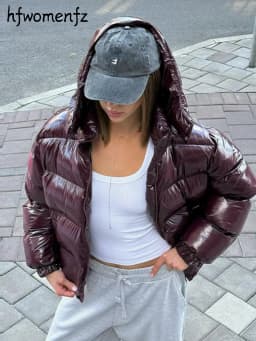 Casual Women's Glossy Hooded Cotton Coats Puffy Stand Collar Zipper Long Sleeve Warm Jackets 2026 Winter Lady Down Jacket New