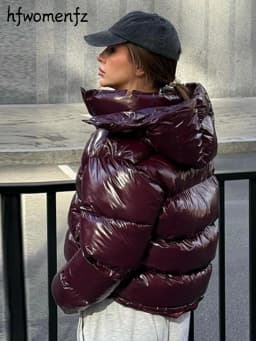 Casual Women's Glossy Hooded Cotton Coats Puffy Stand Collar Zipper Long Sleeve Warm Jackets 2026 Winter Lady Down Jacket New