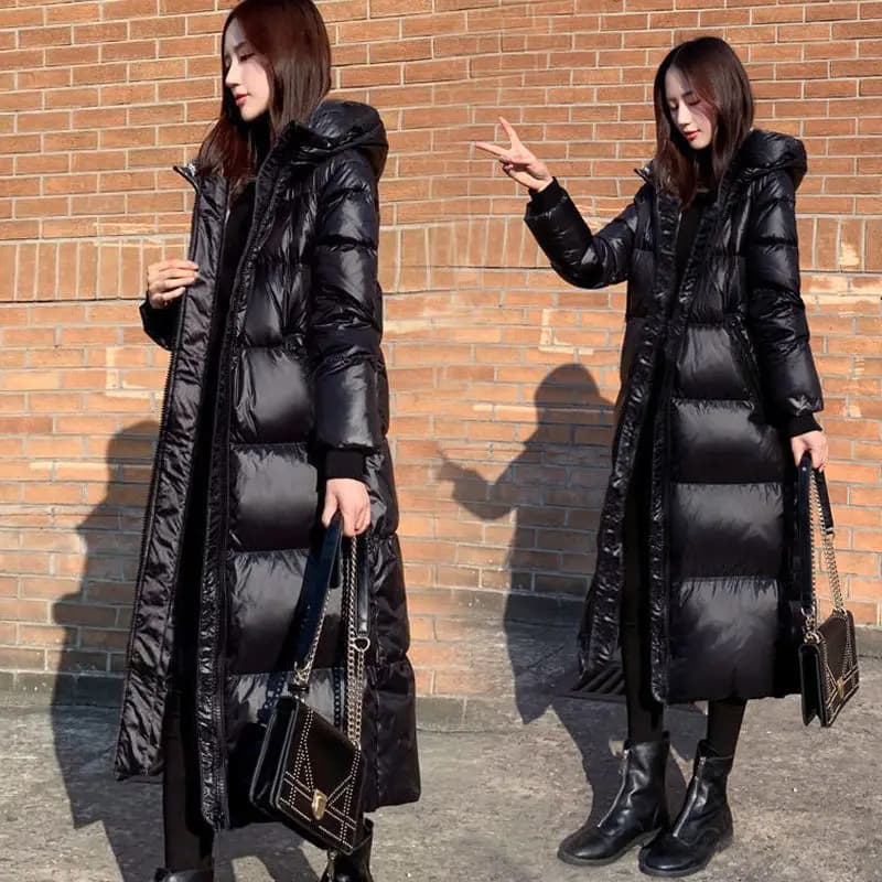 Black Glossy Parka Coat Women's 2026 Fashion Thicken Winter Hooded Loose Long Jacket Female Windproof Rainproof Warm Outwear