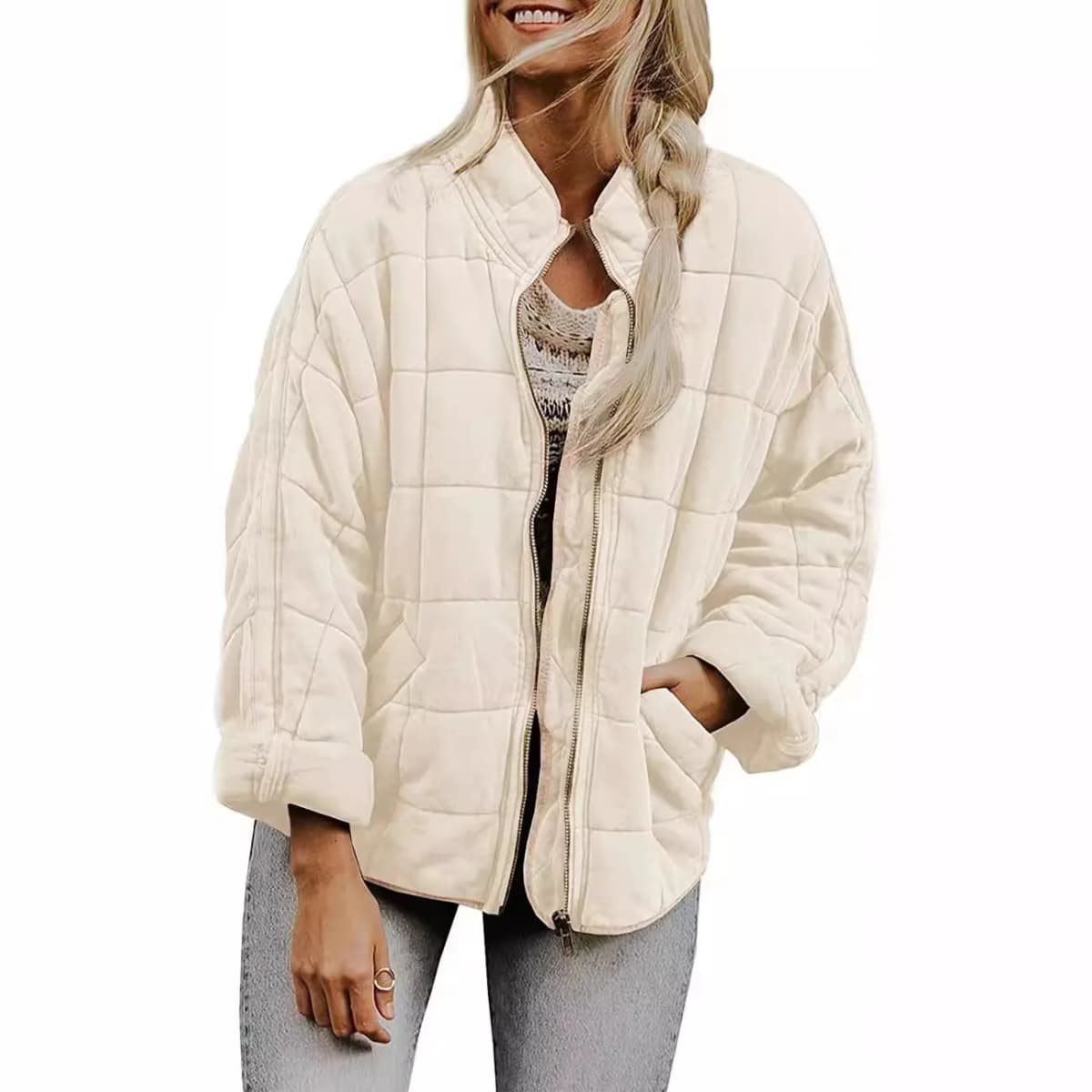 Europe and The United States Winter New Fashion Casual Solid Color Loose Stand-up Collar Zipper Padded Jacket with Pockets Women