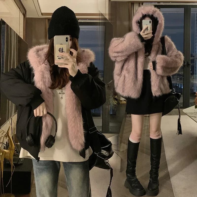 Double Sided Winter Coat Women Clothing Imitation Mink Fur Hooded Cotton Jacket Female Warm Cotton-Padded Clothes Outerwear