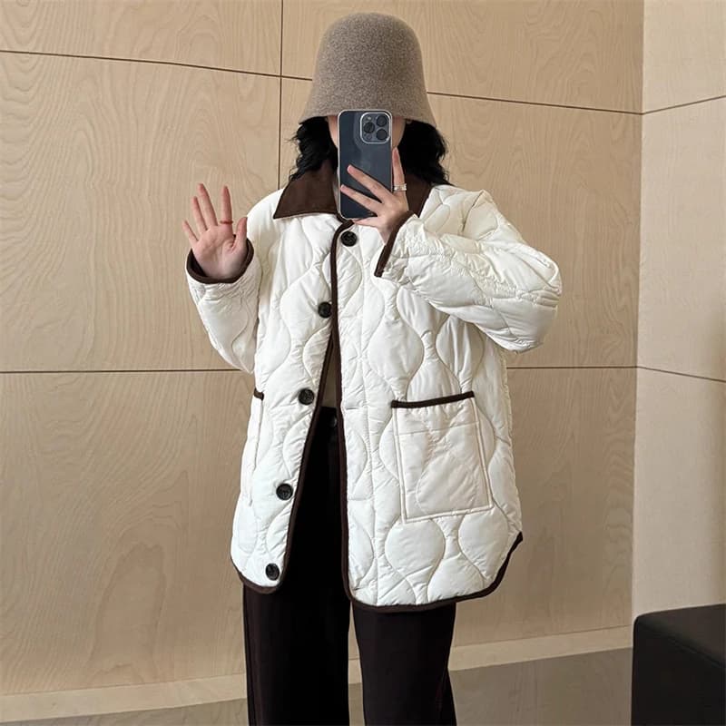 Autumn Down Cotton Padded Jacket Women's 2025 Contrast Lapel Rhombic Thin Short Loose Spring Cotton Padded Casual Coats Female