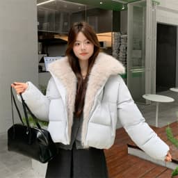 Cropped Puffer Jacket Women Big Faux Fur Collar Fur Lined Zipper Closure Boxy Silhouette Trendy Short Winter Outerwear