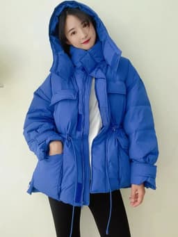 Winter Hooded Parkas Warm Jacket Women Down Cotton Coat Irregular Fluffy Bubble Drawcord Waist Outwear