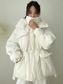 Winter Hooded Parkas Warm Jacket Women Down Cotton Coat Irregular Fluffy Bubble Drawcord Waist Outwear