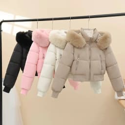 Women Winter Cotton Coat Short Fur Collar Hooded Outerwear Windproof Warm Long Sleeve Jacket Solid Color Slim Fit Lady Down Coat