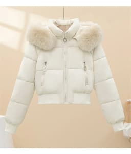 Women Winter Cotton Coat Short Fur Collar Hooded Outerwear Windproof Warm Long Sleeve Jacket Solid Color Slim Fit Lady Down Coat