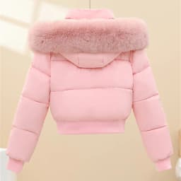 Women Winter Cotton Coat Short Fur Collar Hooded Outerwear Windproof Warm Long Sleeve Jacket Solid Color Slim Fit Lady Down Coat