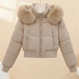 Women Winter Cotton Coat Short Fur Collar Hooded Outerwear Windproof Warm Long Sleeve Jacket Solid Color Slim Fit Lady Down Coat