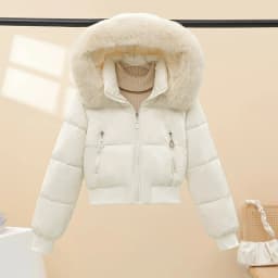 Women Winter Cotton Coat Short Fur Collar Hooded Outerwear Windproof Warm Long Sleeve Jacket Solid Color Slim Fit Lady Down Coat