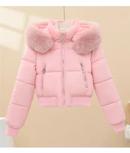 Women Winter Cotton Coat Short Fur Collar Hooded Outerwear Windproof Warm Long Sleeve Jacket Solid Color Slim Fit Lady Down Coat