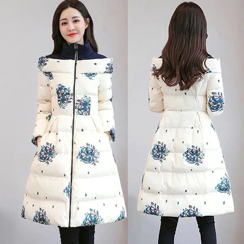 Cotton Jacket Women's Medium Long 2026 Winter New Korean Version Slim Print Thick Cotton Cloak Jacket Female Warm Parka Overcoat
