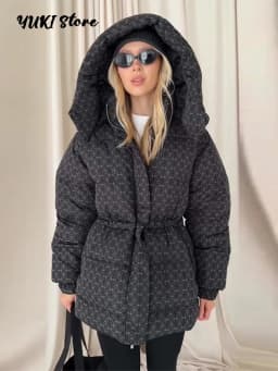 Fashion Printed 2026 Women's Winter Down Jacket With Hood Zipper Slim Long Sleeve Warm Thicken Quilted Padded Jackets Outerwears