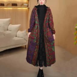 Retro Ladies Hooded Linen Cotton Parkas Jacket Autumn Winter Female Long Sleeves Puffer Coat 2025 Women Print Cotton Padded Tops