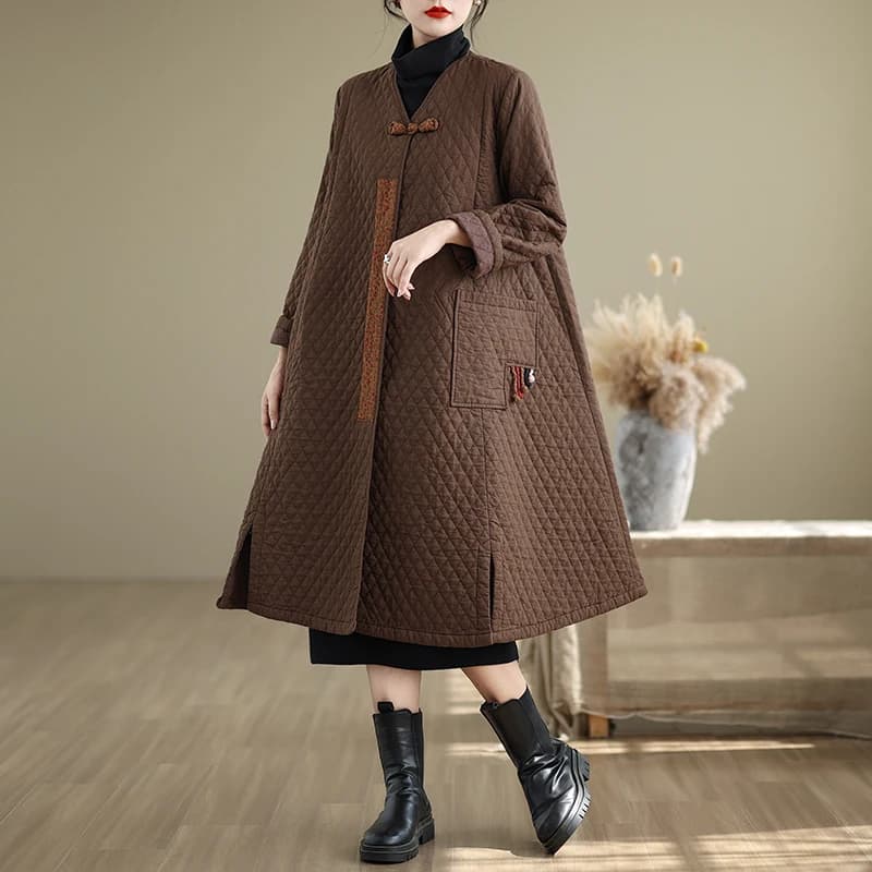 Retro Cotton Jacket Women's Loose Warm Long Coat with Button Embroidery Linen Cotton Diamond Stitching Winter Artistic Style