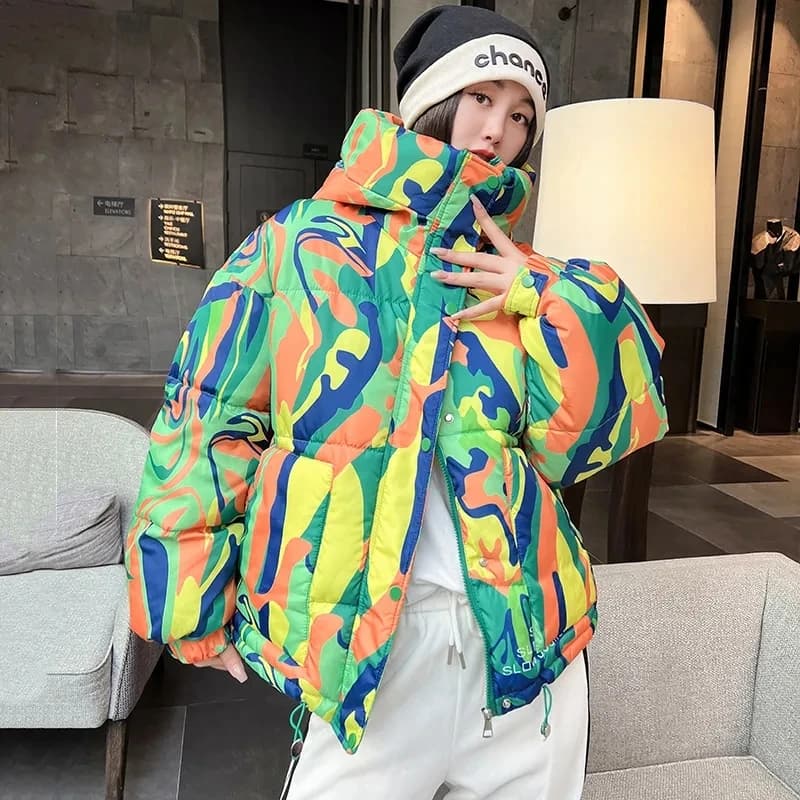 2026 Winter New Print Cotton Jacket Women Streetwear Female Warm Parkas Hooded Down cotton Coat Korea Loose Short Bread Outwear