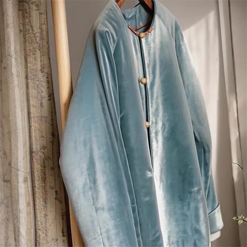 Limiguyue Chinese Style Frog Button Blue Velvet Quilted Coat Women Long Sleeve Autumn Winter Jackets Warmful Soft Outwears T263