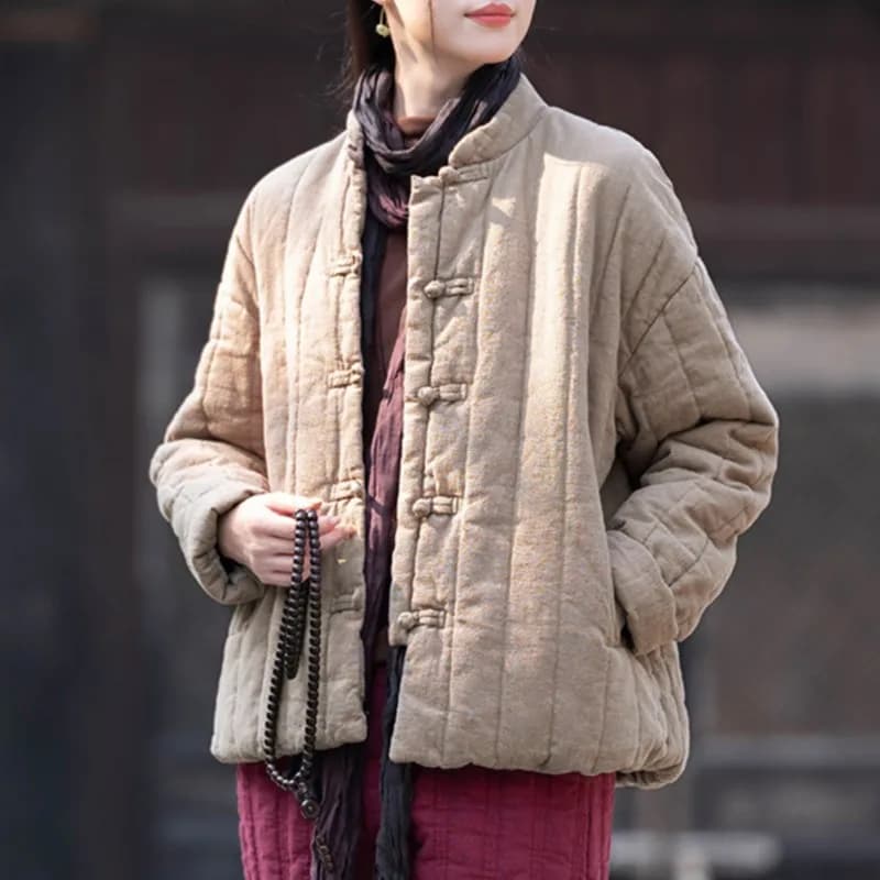 Johnature Women Chinese Style Linen Parkas Solid Color Stand Long Sleeve Winter Coats 2025 New Button Plus Cotton Warm Parkas