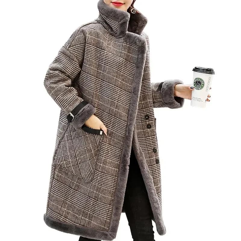 2026 Autumn Winter New Plaid Cotton Jacket Women's Fashion Warm Temperament Polo Collar Wool Coat Female Long Parkas Overcoat