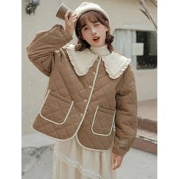 Splicing Doll Collar Women's Cotton Coat 2025 Autumn Winter New Foreign Female Rhombic Design Thick Jacket Warm Velvet Overcoat