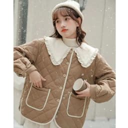 Splicing Doll Collar Women's Cotton Coat 2025 Autumn Winter New Foreign Female Rhombic Design Thick Jacket Warm Velvet Overcoat