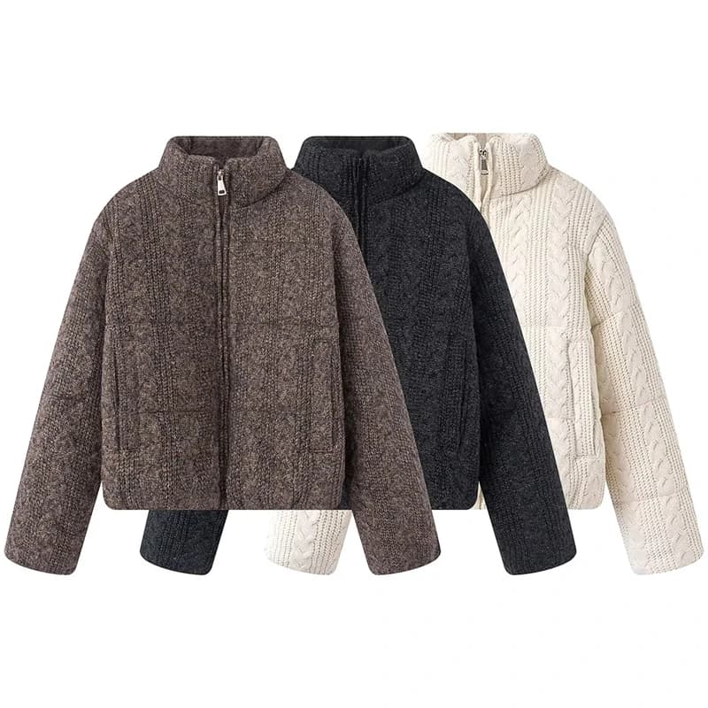 Women's Knitted Texture Stand Collar Zip Cropped Jacket Winter Warm Loose Casual Coat (Brown/Black/White)