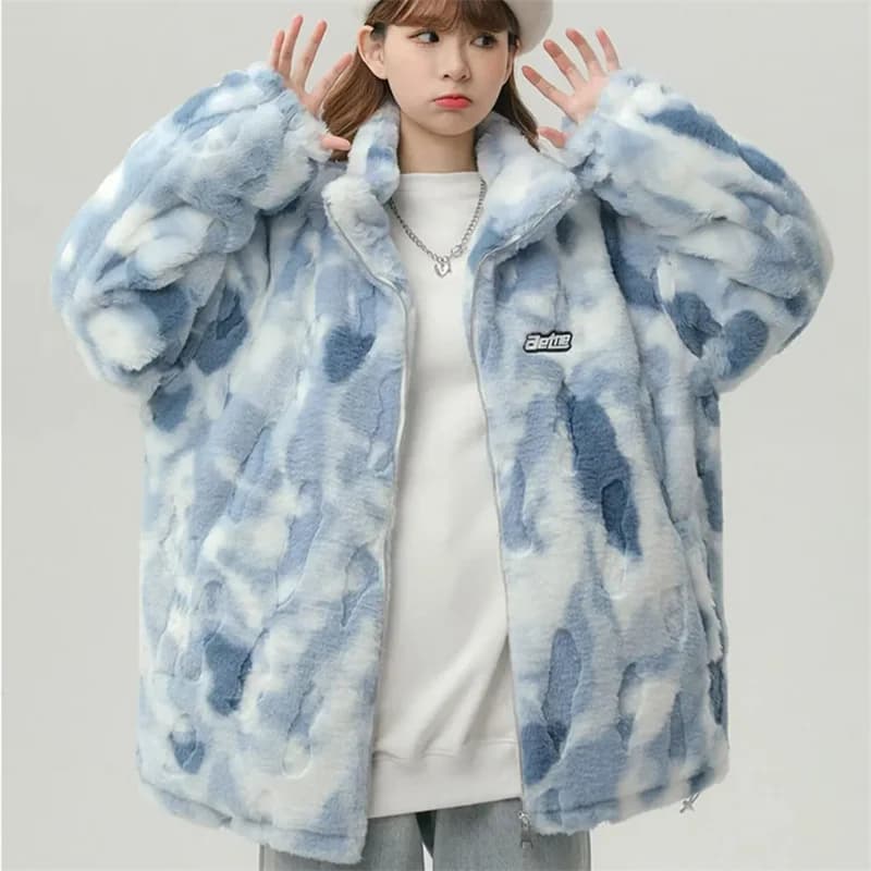 Tie dye Lamb wool Coat 2025 New Winter Trendy Student Cotton Jacket Thicken Loose Stand collar Coats Female Warm Parka Overcoat