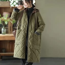 Winter New Literature and Art Large Lingge Hooded Cotton Jacket Women's Loose Relaxed Medium length Cotton Jacket Female Parka