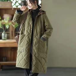 Winter New Literature and Art Large Lingge Hooded Cotton Jacket Women's Loose Relaxed Medium length Cotton Jacket Female Parka