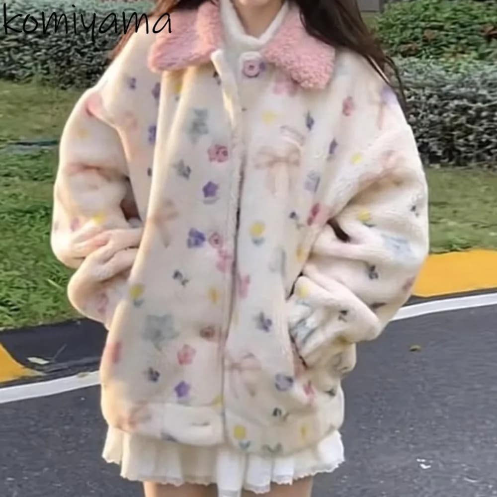Lamb Fur Print Jacket New Coats & Jackets Autumn Winter 2026 Outerwears Lapel Long Sleeve Chamarras Korean Style Clothes Woman