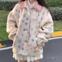 Lamb Fur Print Jacket New Coats & Jackets Autumn Winter 2026 Outerwears Lapel Long Sleeve Chamarras Korean Style Clothes Woman