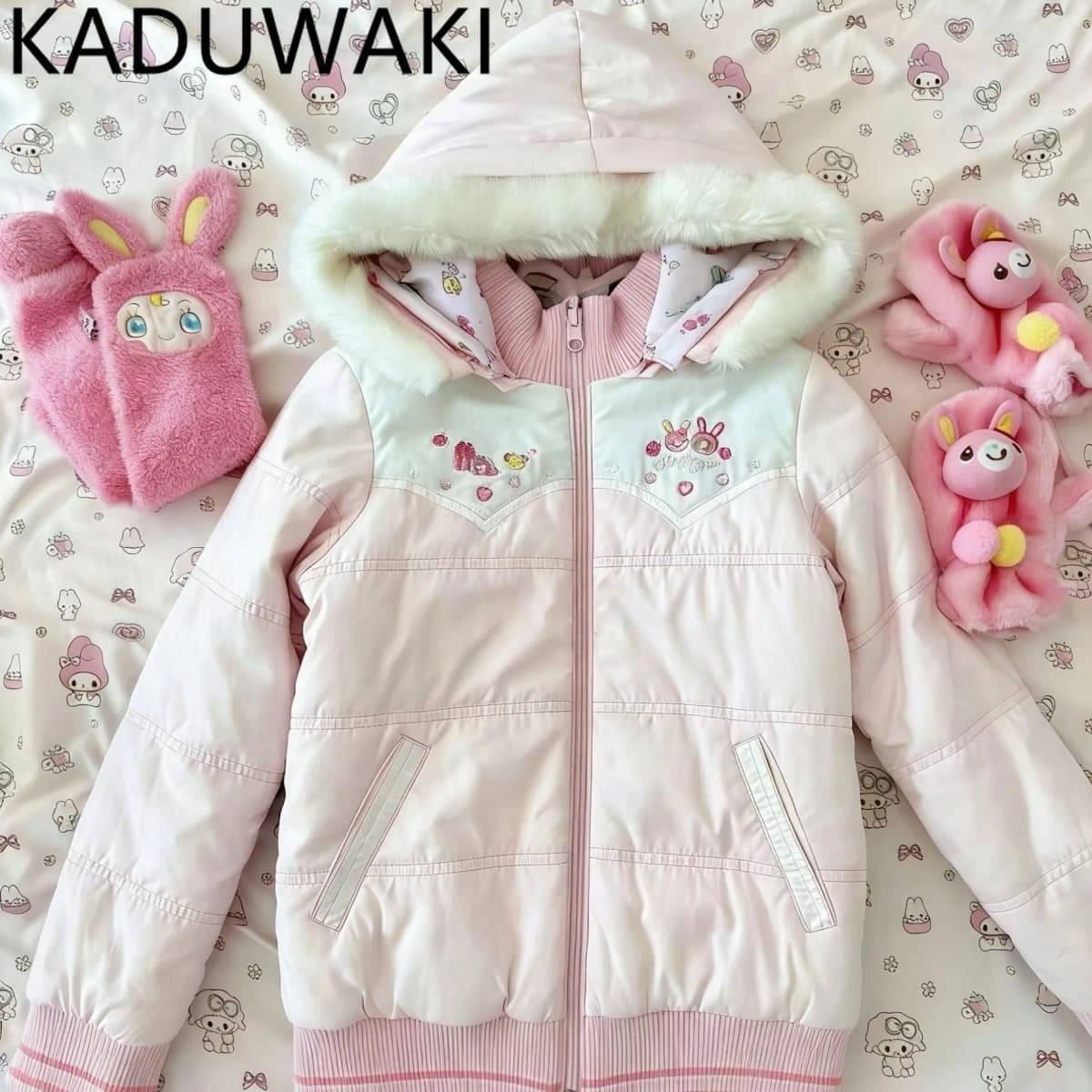 Japanese Reversible Women Parkas Kawaii Cartoon Embroidery Warm Long Sleeve Jackets Winter Chic Casual Zip Up Cotton Padded Coat