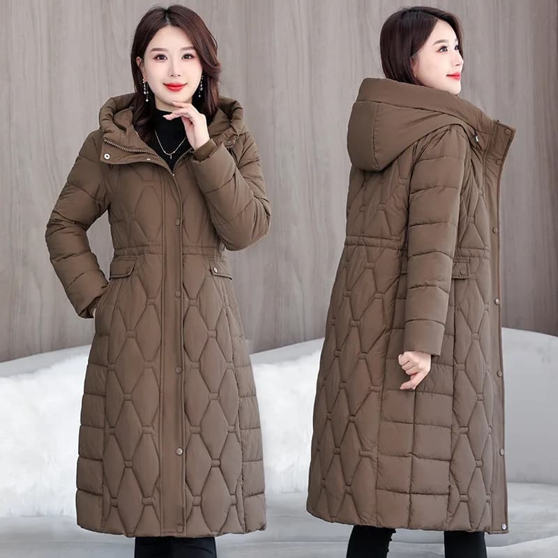 Hooded Oversize Parkas Coats Women Mid Length Jackets Diamond Quilt Zipper Pocket Waist Cinched Office Lady Casual 2025 Winter
