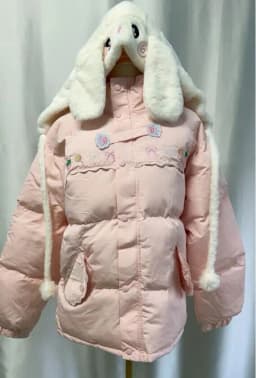 Preppy Style Winter Embroidery Warm Women Parka Harajuku Zippers Casual Rabbit's Ears Hooded Tops Y2k Aesthetic Pocket Pink Coat
