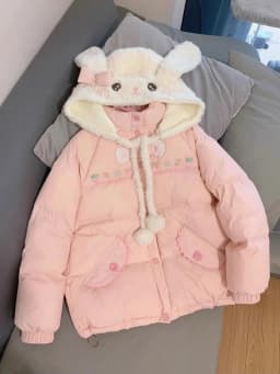 Preppy Style Winter Embroidery Warm Women Parka Harajuku Zippers Casual Rabbit's Ears Hooded Tops Y2k Aesthetic Pocket Pink Coat