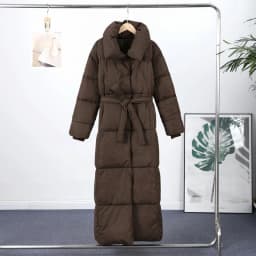 Casual Lace-up Long Padded Jackets Women's Loose Full Sleeves Stand Collar Pocket Maxi Coat 2026 New Winter Ladies Solid Outwear