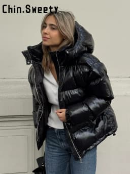 Fashion Shiny Solid Hooded Quilted Jacket Women Stand Collar Long Sleeve Zipper Pocket Street Warm Coat 2026 Winter Lady Outwear